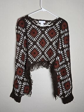 House of Harlow 1960 Crochet Poncho Sweater Fringe Granny Square Brown Rust